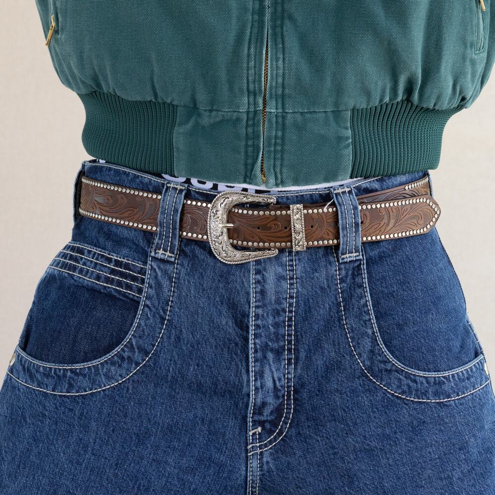 y2k western brown studded floral cowboy boho belt